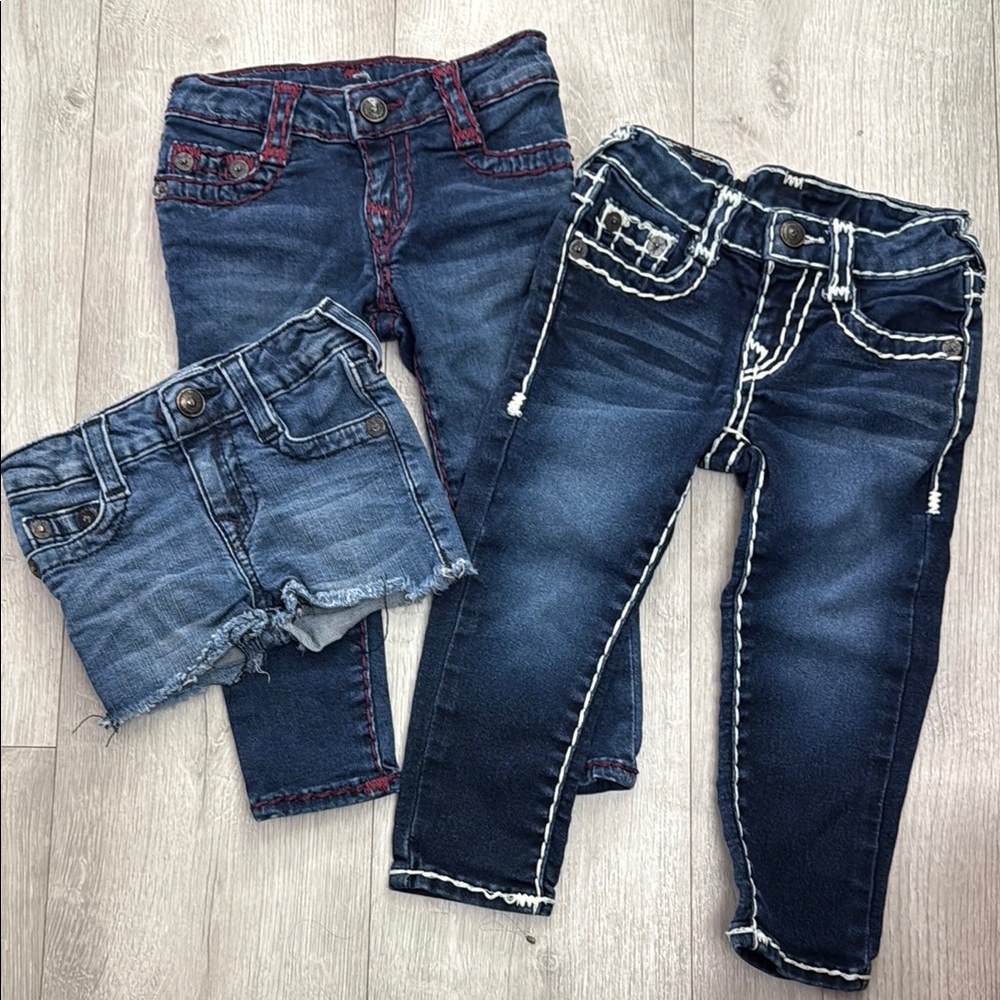 True Religion girls denim. Size 2t. 2 pairs of jeans and I pair of shorts.